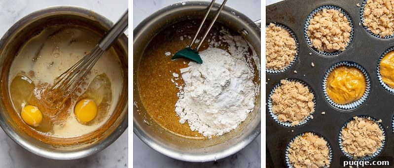 Pillowy Gluten-Free Pumpkin Muffins with a Tangy Cream Cheese Glaze 4 Further stages of gluten-free pumpkin muffin preparation, including mixing the batter and adding the crumb topping.