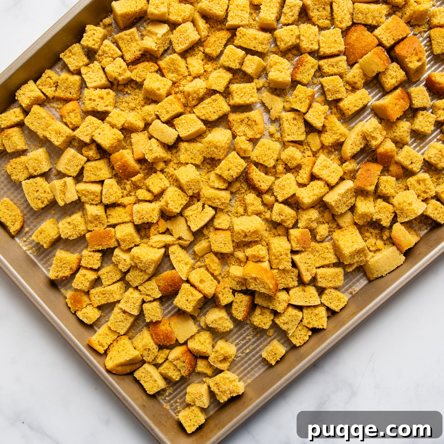 Gluten-free cornbread cubes drying out on a baking sheet, essential for the perfect stuffing texture.