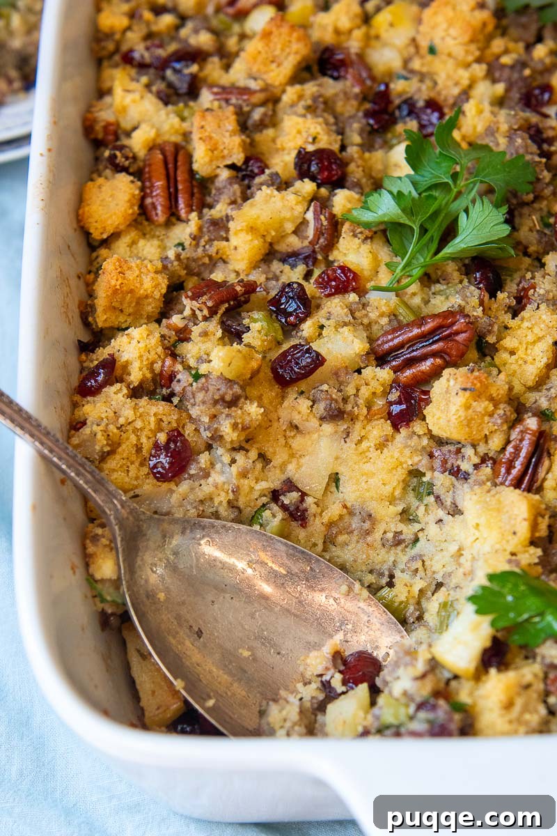 A serving spoon lifting a portion of gluten-free cornbread stuffing from a baking dish, showing its moist texture.
