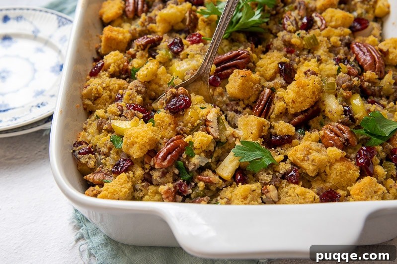 Close-up of golden-brown gluten-free stuffing in a white baking dish, with a serving spoon poised to scoop.