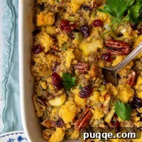 a large spoon scooping into gluten free cornbread stuffing