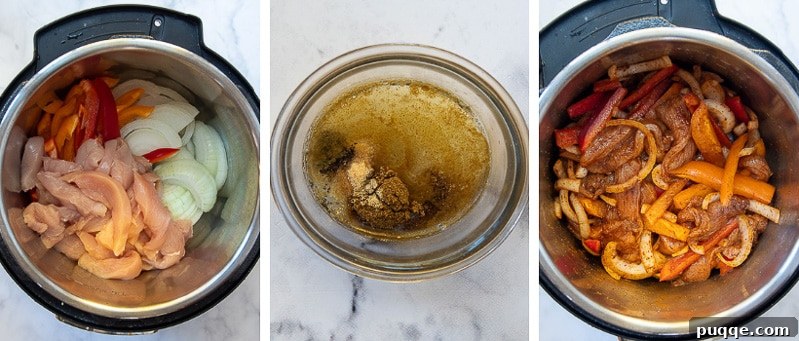 A collage of images illustrating the simple steps to prepare Instant Pot chicken fajitas, from combining ingredients to the final cooked dish.