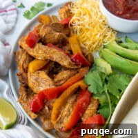 plate of chicken fajita meat, peppers, onions with a bowl of salsa