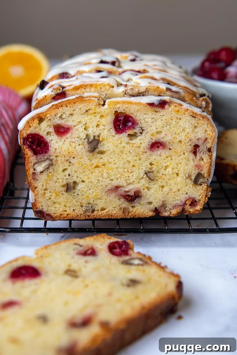 Luscious Gluten-Free Cranberry Buttermilk Loaf 2 Gluten-Free Cranberry Orange Bread sliced and facing straight out on a cooling rack, showcasing its moist texture and vibrant cranberries.