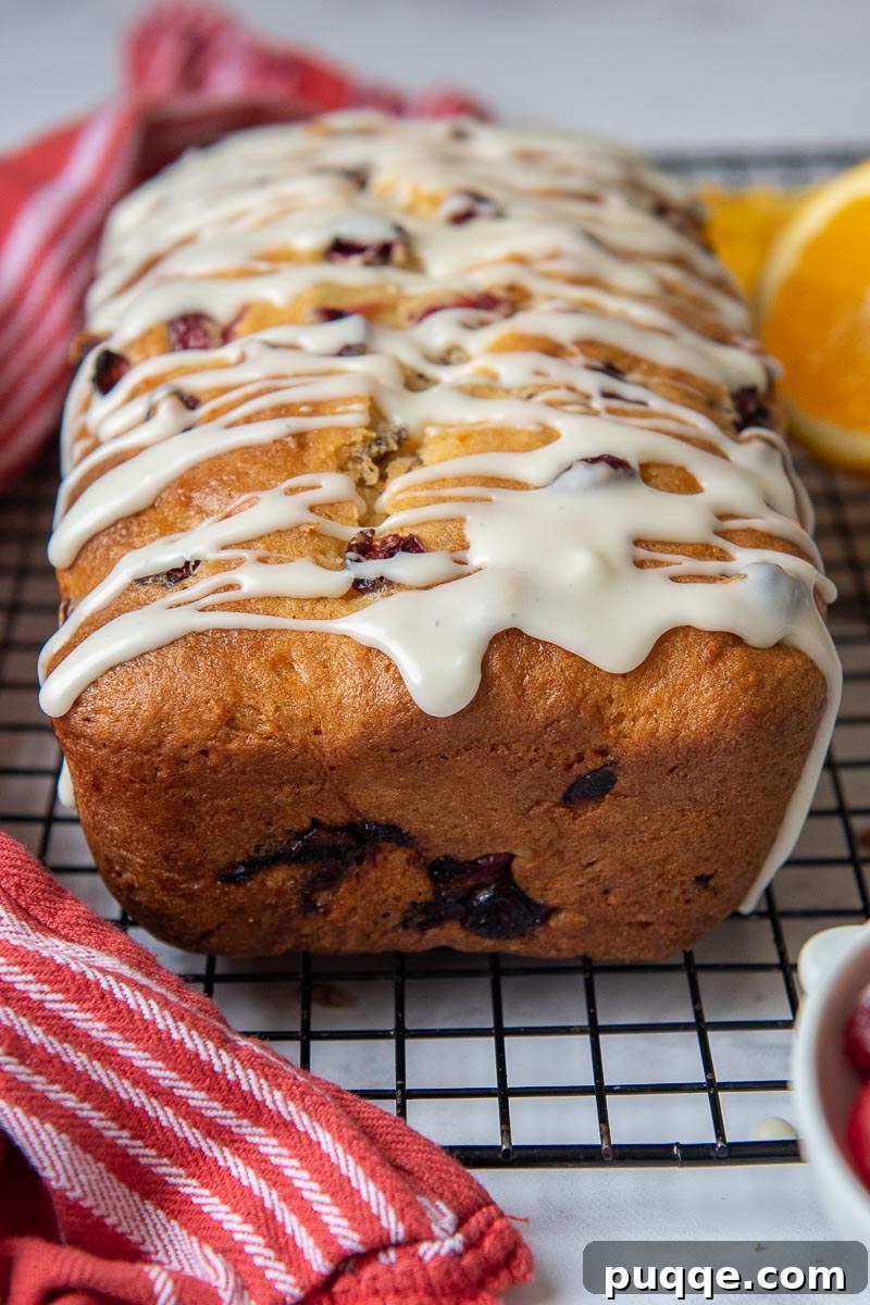 Luscious Gluten-Free Cranberry Buttermilk Loaf 3 Cranberry orange loaf on a cooling rack with a close-up of the edge, showing frosting dripping down appetizingly.