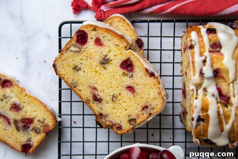 Luscious Gluten-Free Cranberry Buttermilk Loaf 8 A perfectly baked slice of gluten-free cranberry bread, face up on a cooling rack, showcasing its moist interior, vibrant cranberries, and delicate crumb.