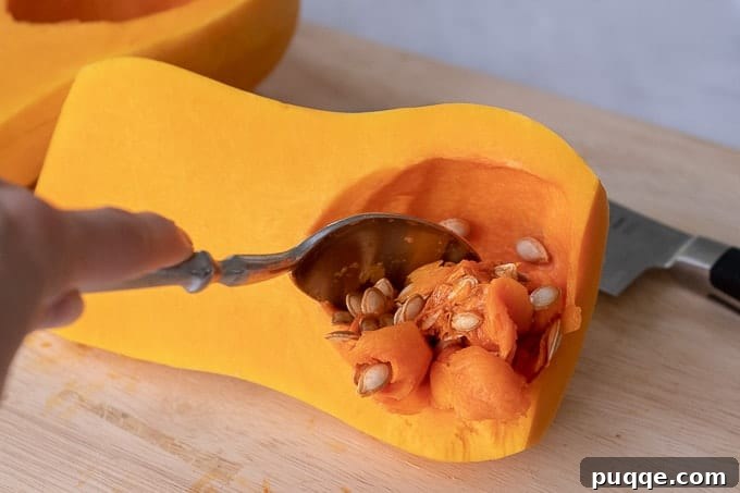 Step-by-step image showing a butternut squash being peeled with a vegetable peeler