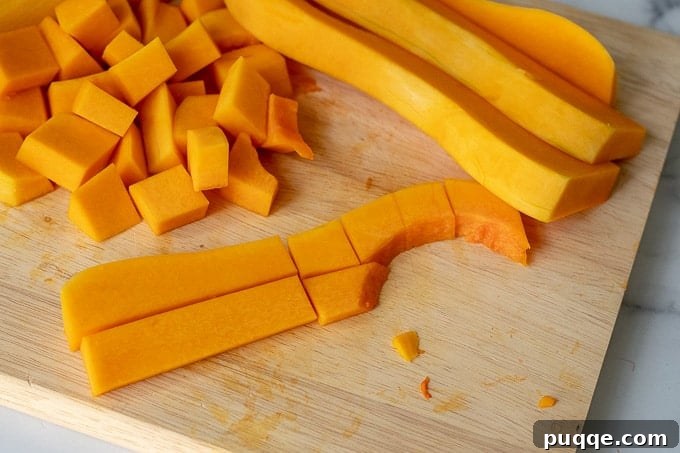 Step-by-step image showing a butternut squash being cut into evenly sized cubes