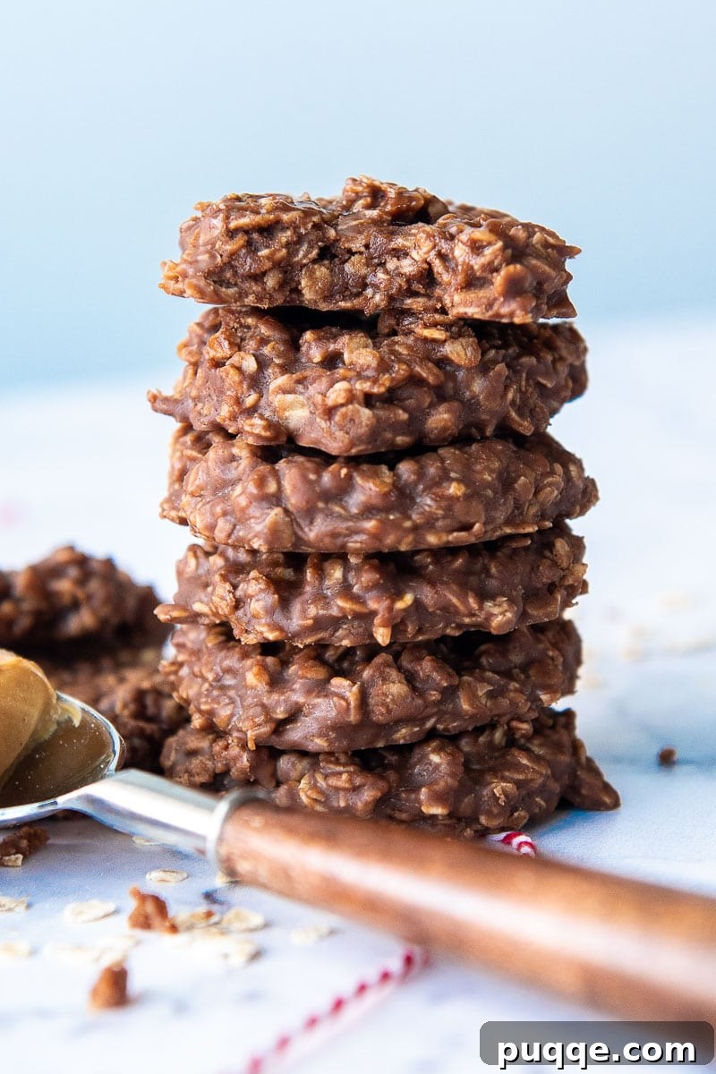 Easy 10-Minute No-Bake Gluten-Free Preacher Cookies 2 a stack of preacher cookies with a bite taken out of the top one