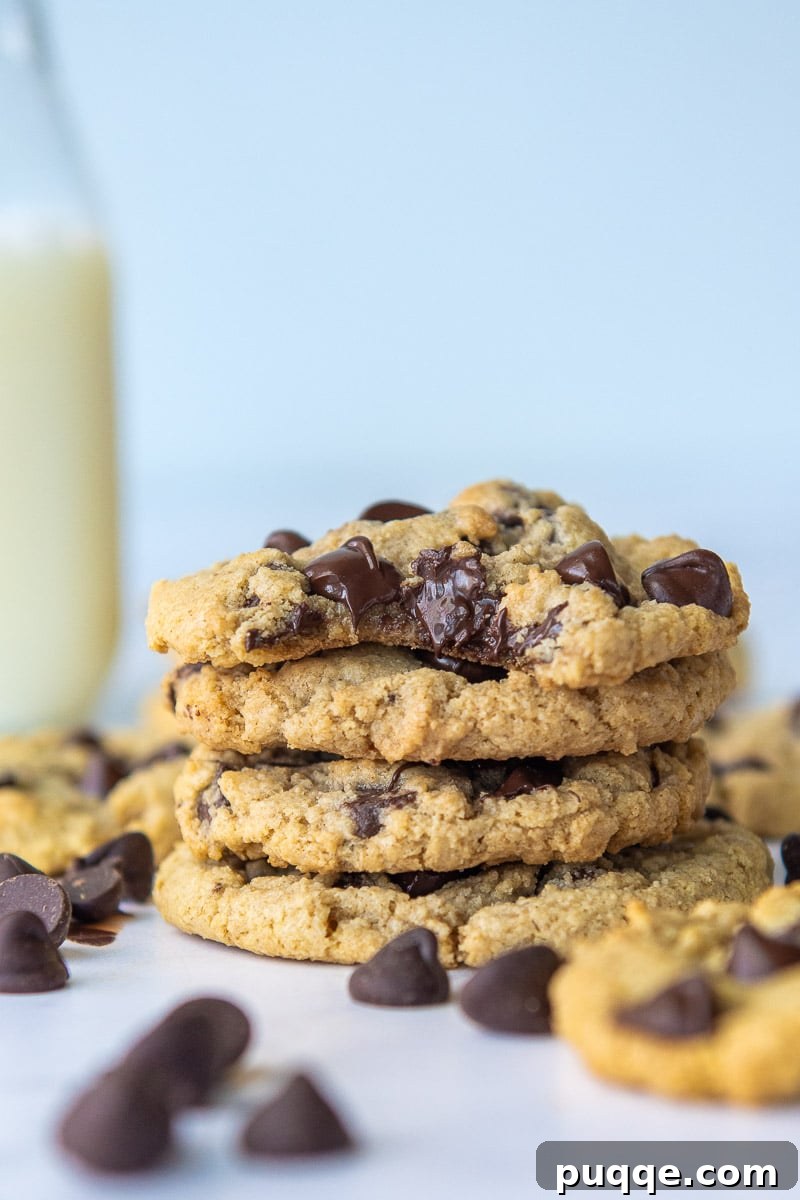 A stack of golden brown oat flour chocolate chip cookies, with a bite taken out of the top one, showcasing its soft, chewy interior and melted chocolate chips.
