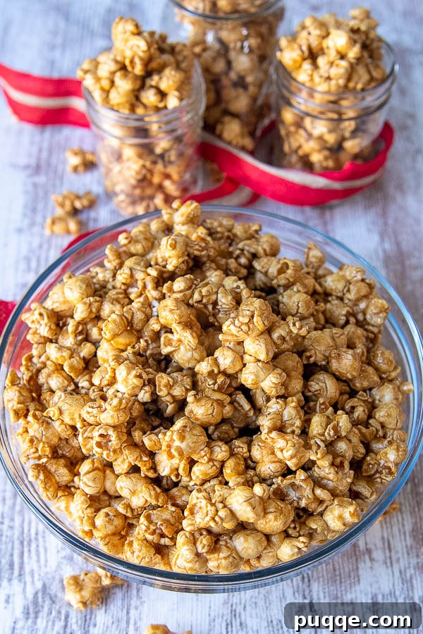 Mom's Go-To Microwave Caramel Popcorn 2 a bowl of microwave caramel corn with smaller jars around it