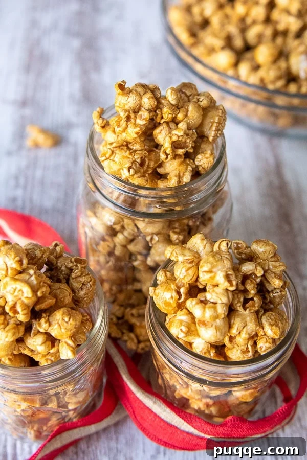 Mom's Go-To Microwave Caramel Popcorn 6 homemade caramel corn recipe in 3 glass jars