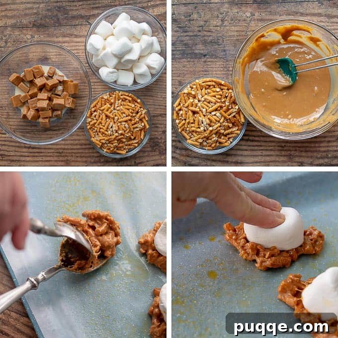 Sequential shots demonstrating the easy process of making caramel marshmallow treats, from melting caramel to adding marshmallows and chocolate.