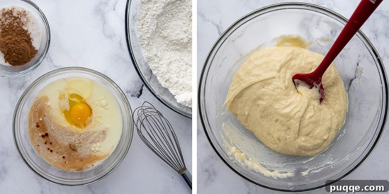 Sweet Cinnamon Gluten-Free Loaf with a Vanilla Drizzle 3 Image displaying the initial mixing steps of gluten-free cinnamon bread, showing wet and dry ingredients being combined separately before being gently stirred together to form a smooth batter.