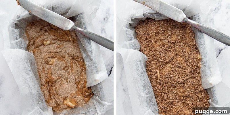 Sweet Cinnamon Gluten-Free Loaf with a Vanilla Drizzle 4 Visual guide showing how to layer the gluten-free cinnamon bread batter, starting with half the batter, adding a cinnamon swirl, then topping with the remaining batter and a streusel crumble before baking.
