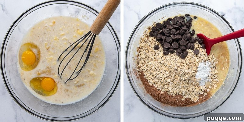 Step-by-step images showing the process of mixing wet and dry ingredients for a chocolate baked oatmeal recipe.