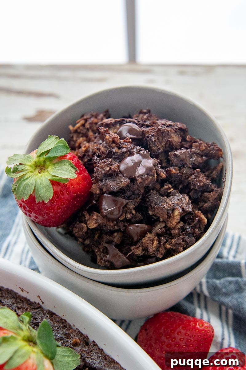 A charming bowl of fudgy chocolate baked oatmeal, topped with a fresh strawberry, placed elegantly by a sunlit window, inviting a delightful morning meal.