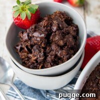 a double stacked bowl of chocolate oatmeal with a blue striped towel underneath