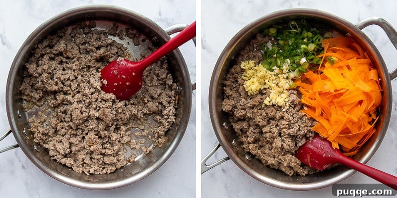 Step-by-step images illustrating the initial stages of making unstuffed egg rolls: browning sausage and adding vegetables.