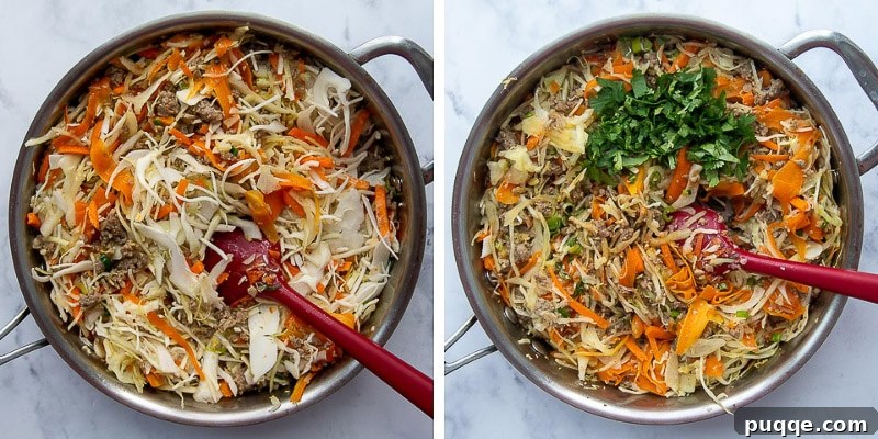 Further images demonstrating the process of cooking unstuffed egg rolls, showing the cabbage wilting and ingredients coming together.