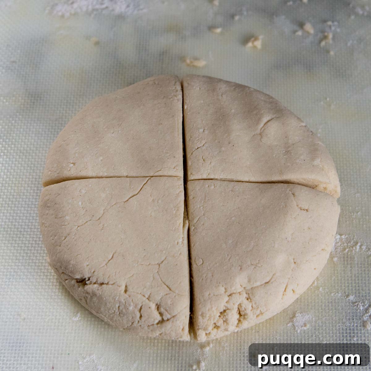 the dough flattened into a disc and cut into fourths.