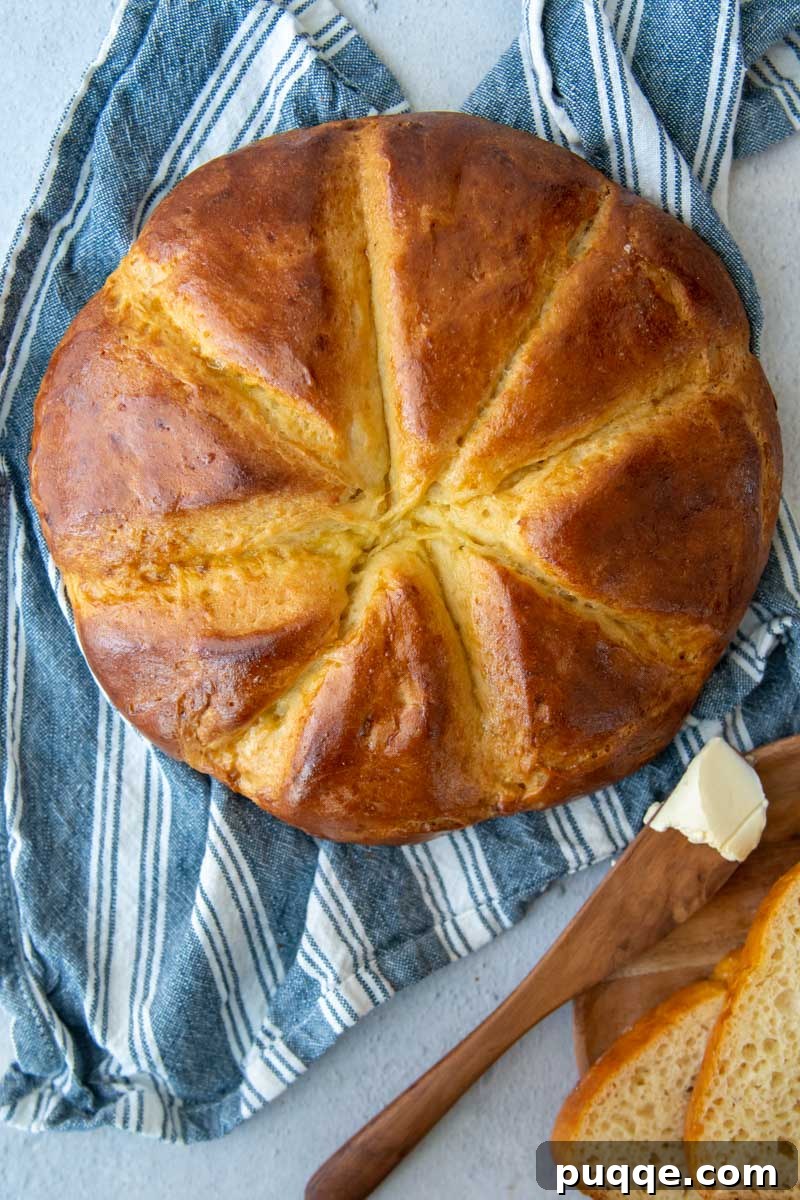 Baking Gluten Free Challah Made Easy 8 The golden, perfectly baked top of a gluten-free challah loaf resting on a blue kitchen towel.