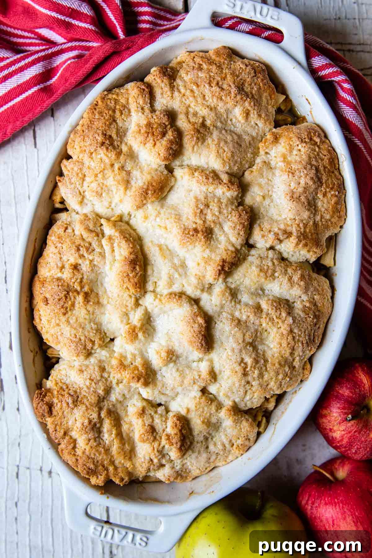 Easy Gluten Free Apple Cobbler with Fluffy Biscuit Topping 8 overhead shot of cobbler with apples and red towel around