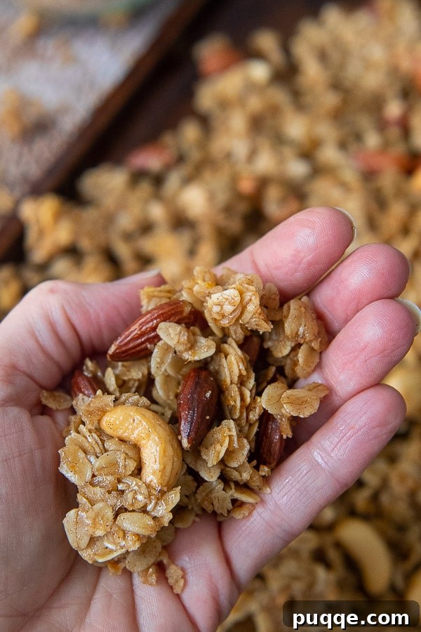 Craft Your Own Gluten-Free Granola 3 A hand holding up a large, chunky cluster of homemade gluten-free granola, demonstrating its satisfying texture.