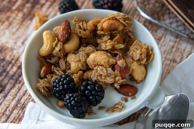 Craft Your Own Gluten-Free Granola 6 A close-up view of golden brown, chunky granola in a white bowl, ready to be enjoyed.