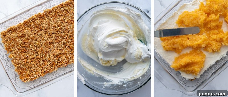 Pineapple Pretzel Delight 3 images showing how to make pineapple pretzel salad