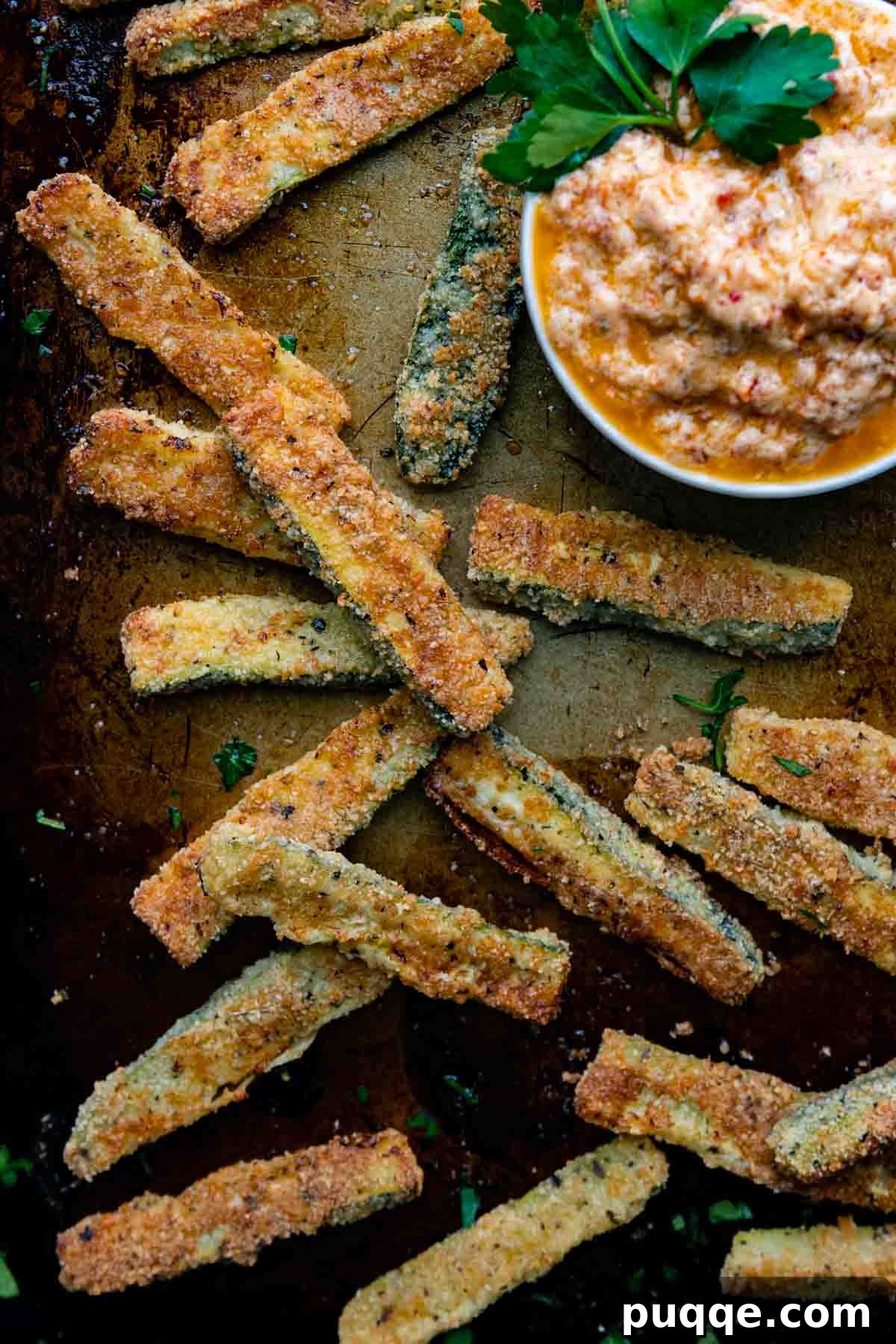 A generous serving of crispy zucchini fries arranged on a baking sheet, with a small bowl of dipping sauce beside them.