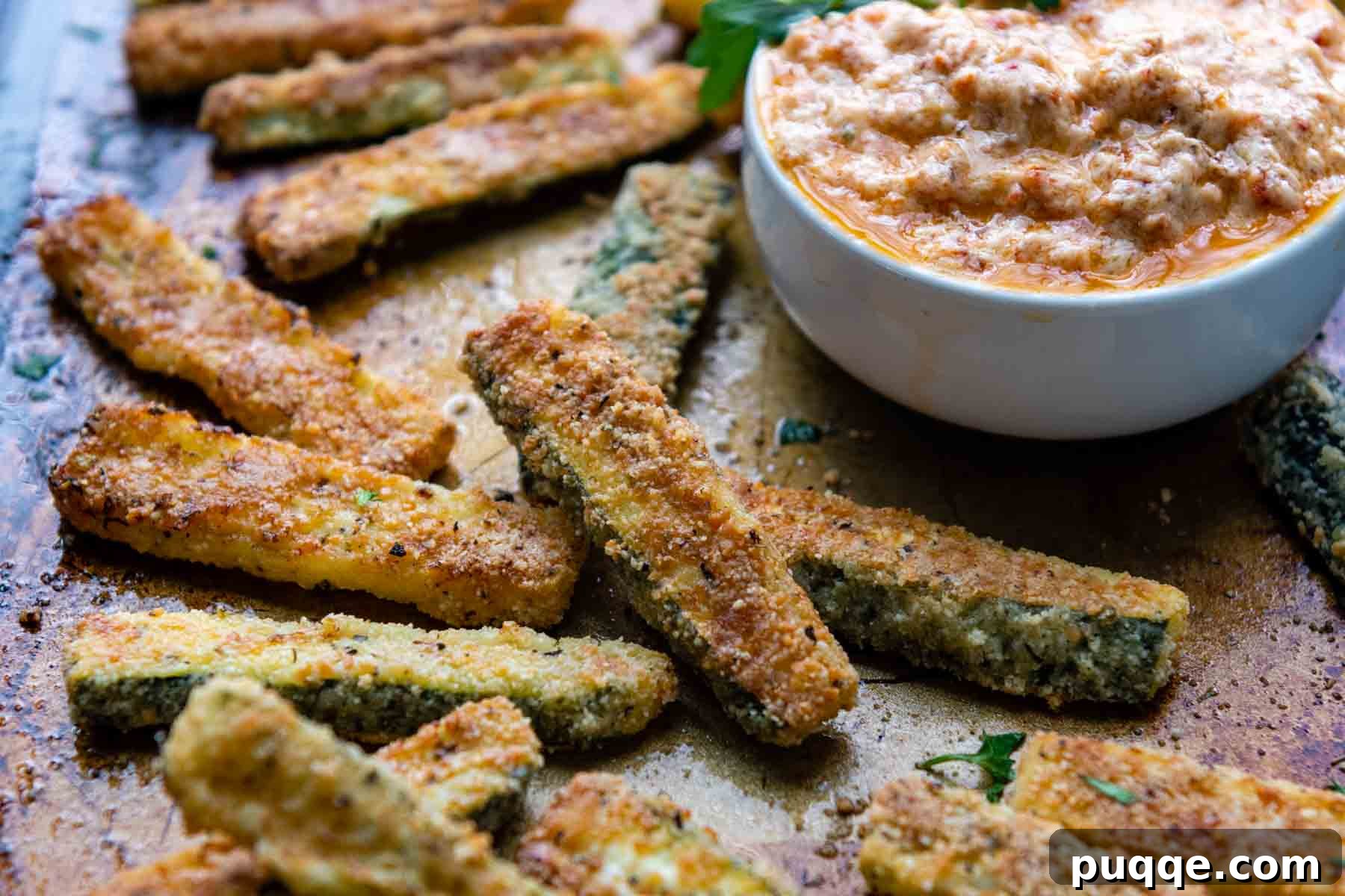 A bowl of crispy zucchini fries with a cup of vibrant dipping sauce in the background, set on a rustic surface.