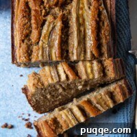Quick Moist Oat Flour Banana Bread 9 overhead shot of oat flour banana bread on a blue background