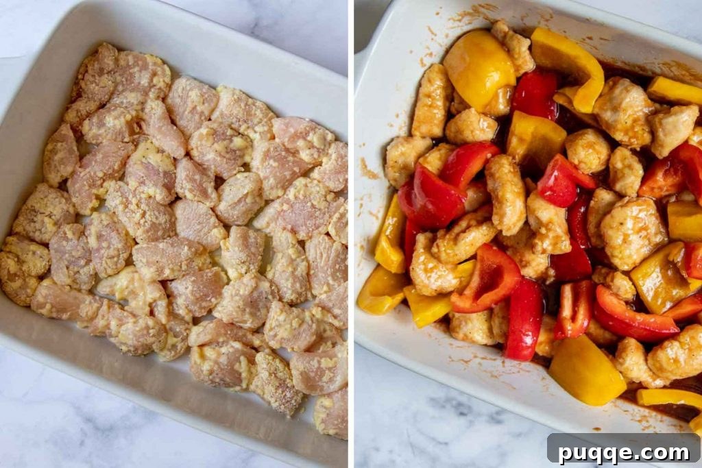 Crispy Baked Gluten-Free Sweet and Sour Chicken 5 Images showing chicken pieces arranged in a baking dish before and after adding chopped peppers, ready for baking.