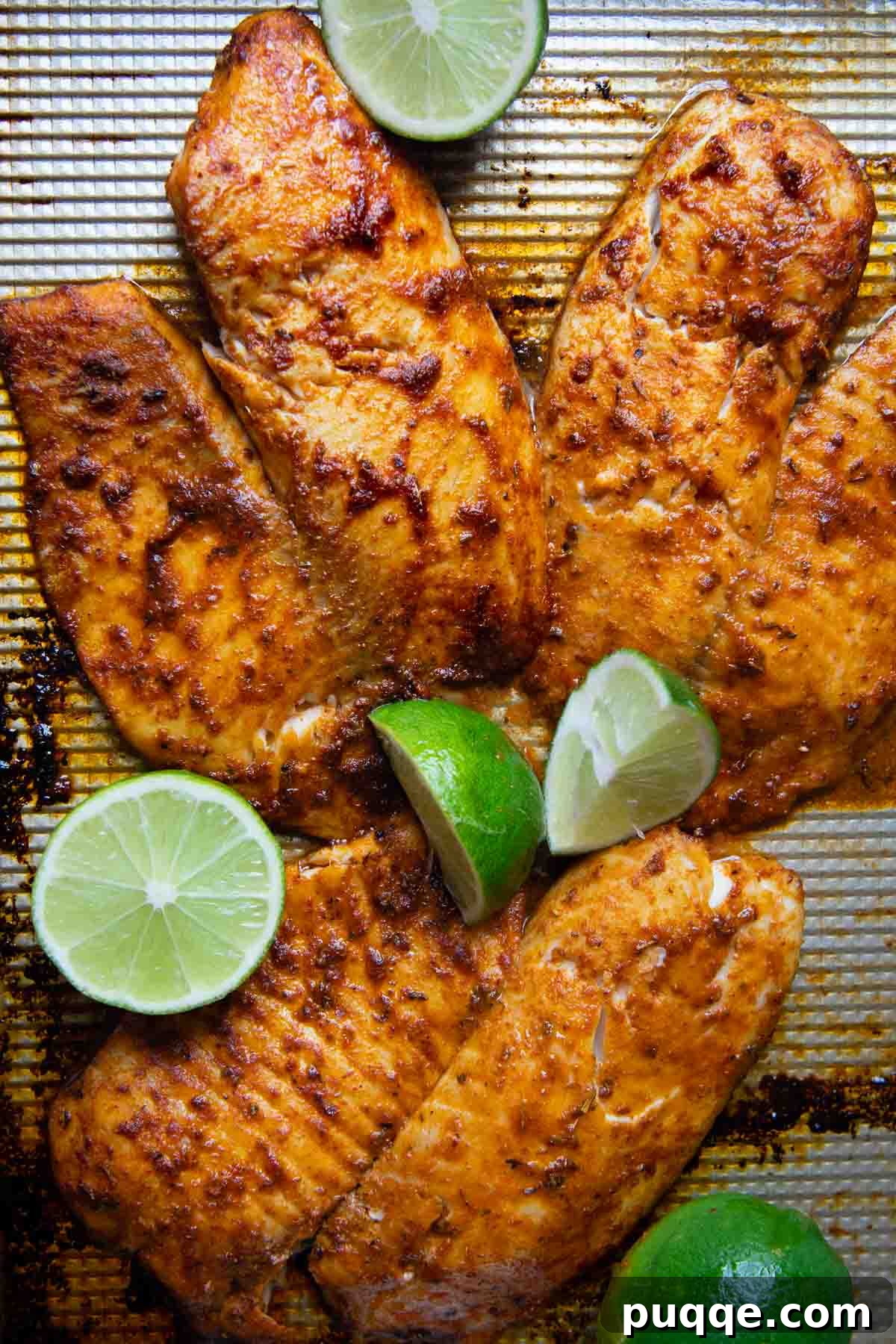 Flavorful Gluten Free Blackened Fish Tacos Ready in 30 7 Blackened seasoned fish fillets on a baking sheet with lime slices.