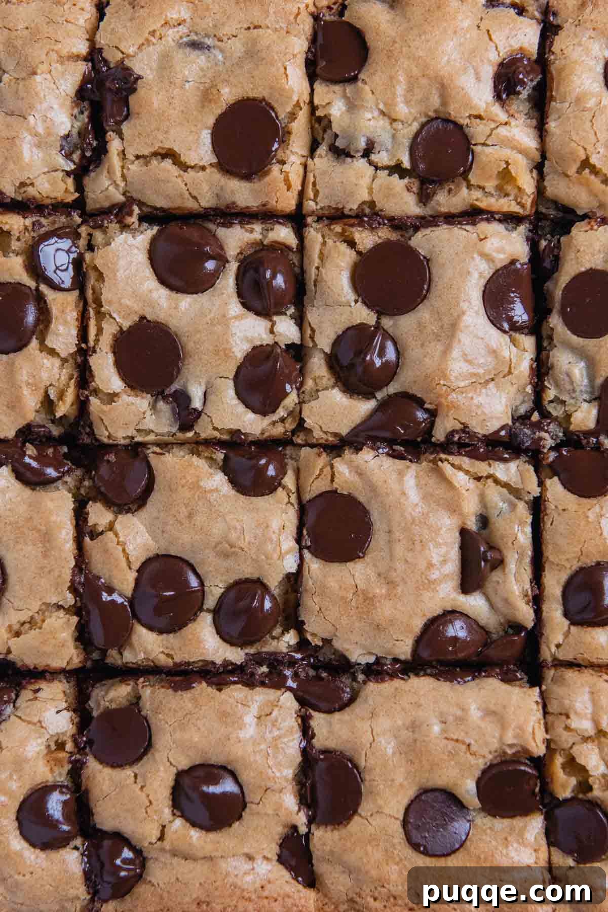 Close-up overhead shot of perfectly cut gluten-free blondies, showcasing their thick, soft texture and abundant chocolate chips.