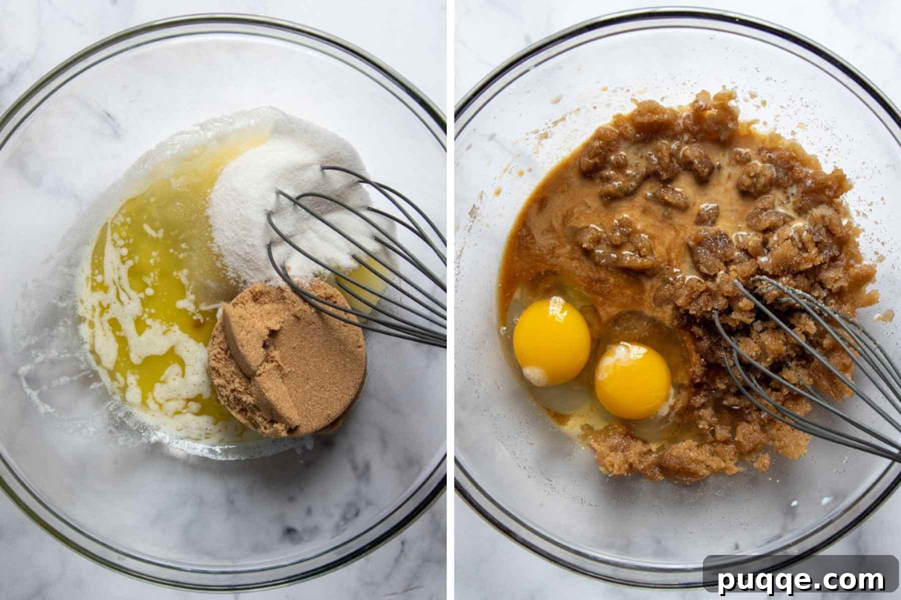 Images showing the wet ingredients being whisked together for gluten-free blondies.