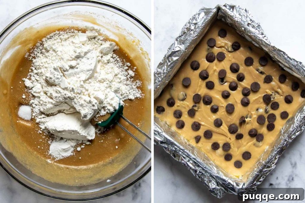 Images showing the blondie batter in a bowl and then spread unbaked in a lined baking pan, ready for the oven.