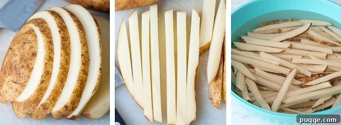 Foolproof Crispy Homemade Oven Fries 3 images showing how to cut potatoes for crispy oven fries