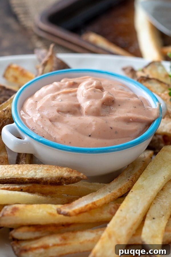 Foolproof Crispy Homemade Oven Fries 5 a close up shot of fry sauce on a plate of oven baked fries