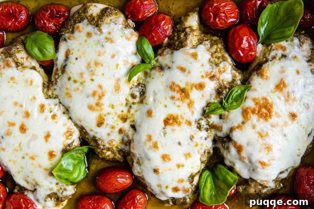 A close-up, overhead shot of baked pesto chicken with melted mozzarella cheese, surrounded by roasted grape tomatoes and fresh basil leaves, ready to be served.