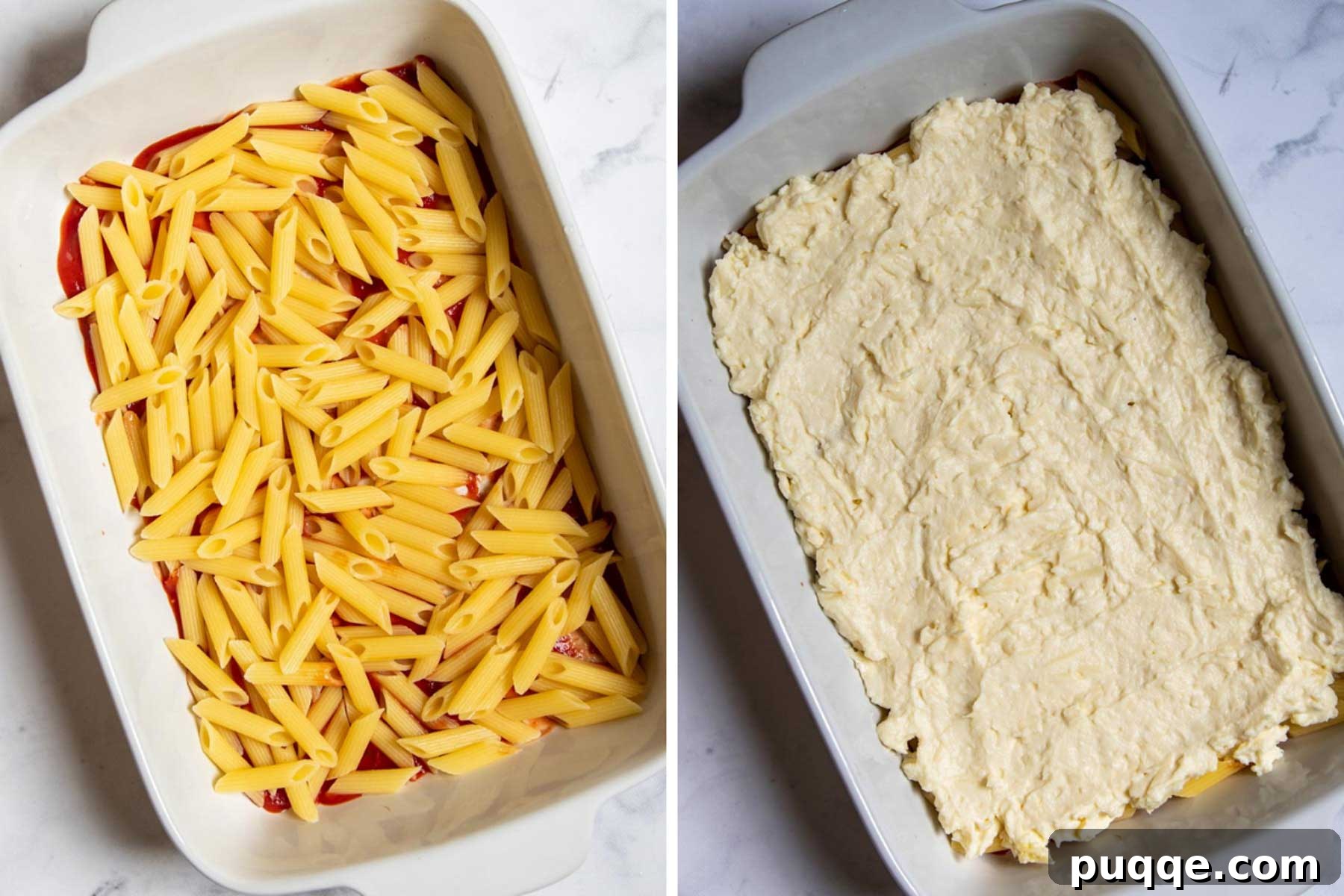 Step-by-step images demonstrating how to layer a meatless baked ziti casserole with sauce, pasta, and cheese.