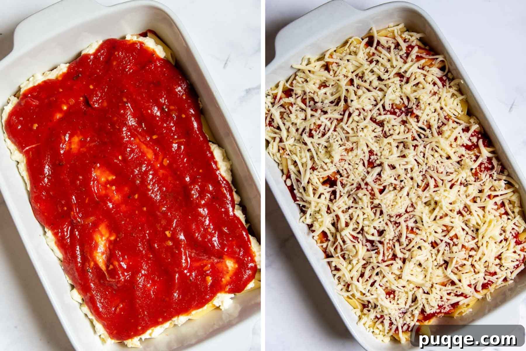 More images showing the final layers of meatless baked ziti before baking, topped with generous mozzarella.