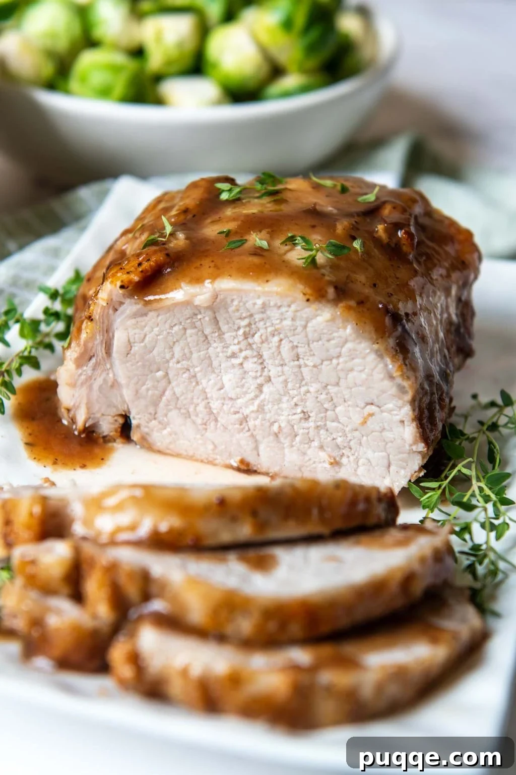 Fall-Apart Tender Instant Pot Pork 2 A perfectly sliced Instant Pot pork roast adorned with a generous drizzle of tangy gravy, ready to be served as a hearty family meal.