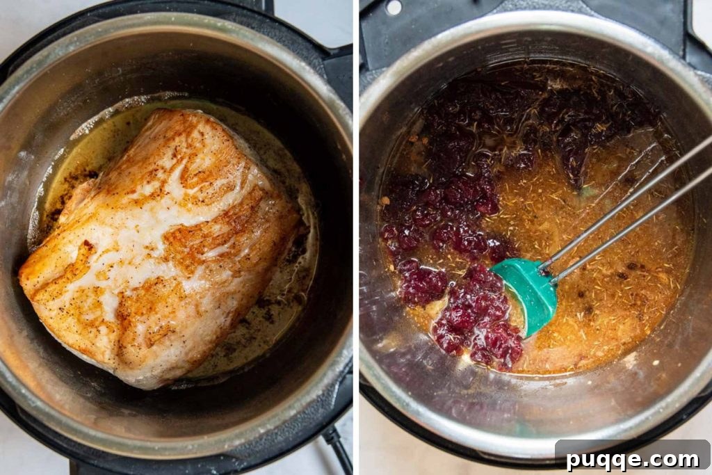 Fall-Apart Tender Instant Pot Pork 3 A series of step-by-step images demonstrating how to prepare pork roast in an Instant Pot, from searing to adding ingredients.