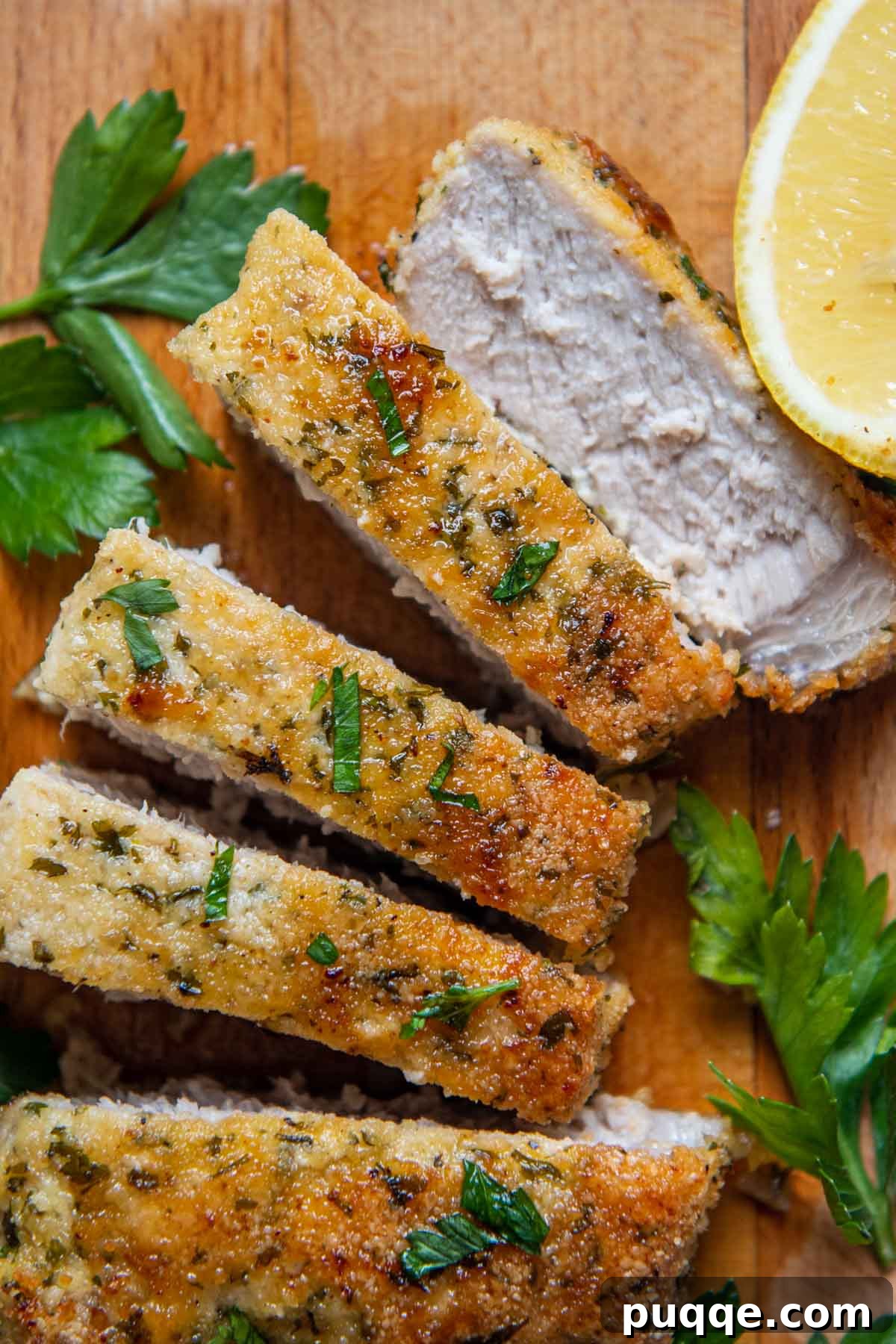 Crispy Almond Crusted Baked Pork Chops Gluten Free 2 Sliced, crispy, low-carb breaded pork chops with a hint of lemon and parsley garnish, perfect for a gluten-free and keto-friendly meal.