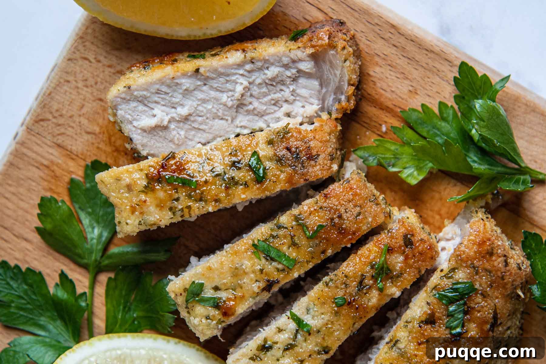 Crispy Almond Crusted Baked Pork Chops Gluten Free 6 Sliced gluten-free breaded pork chops artfully arranged with fresh parsley, highlighting their tender interior and crispy exterior.