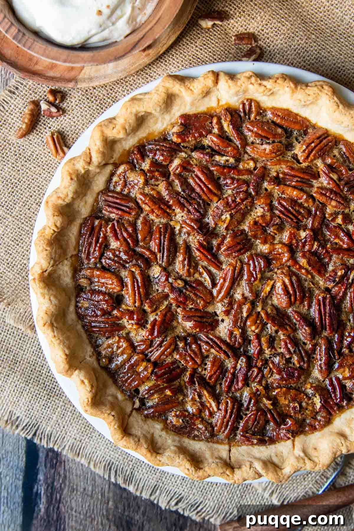 overhead shot of gluten-free pecan pie unsliced