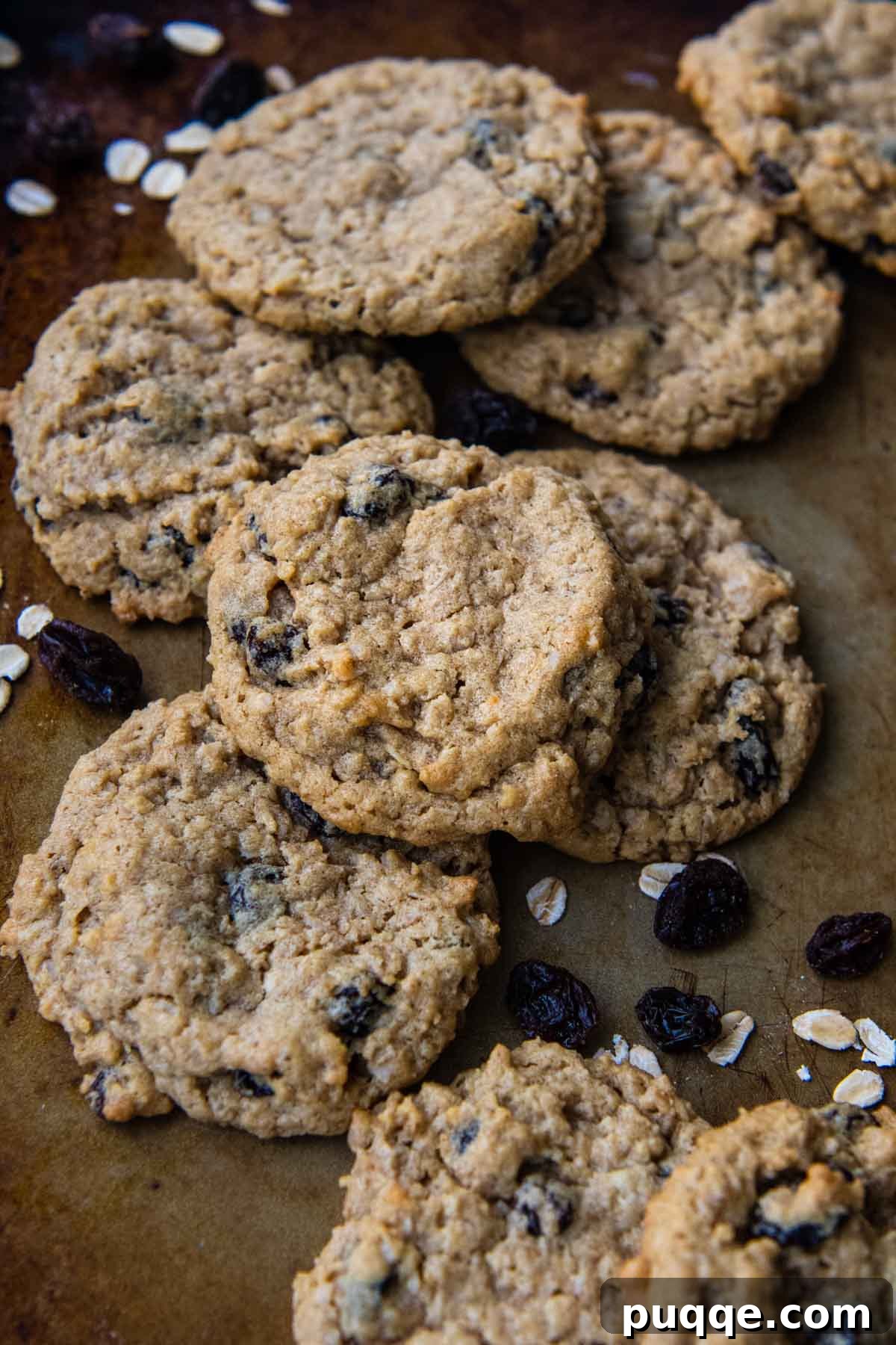 15 Minute Gluten Free Flourless Oatmeal Raisin Cookies 2 A close-up of a stack of freshly baked gluten-free oatmeal raisin cookies, highlighting their soft texture and plump raisins.