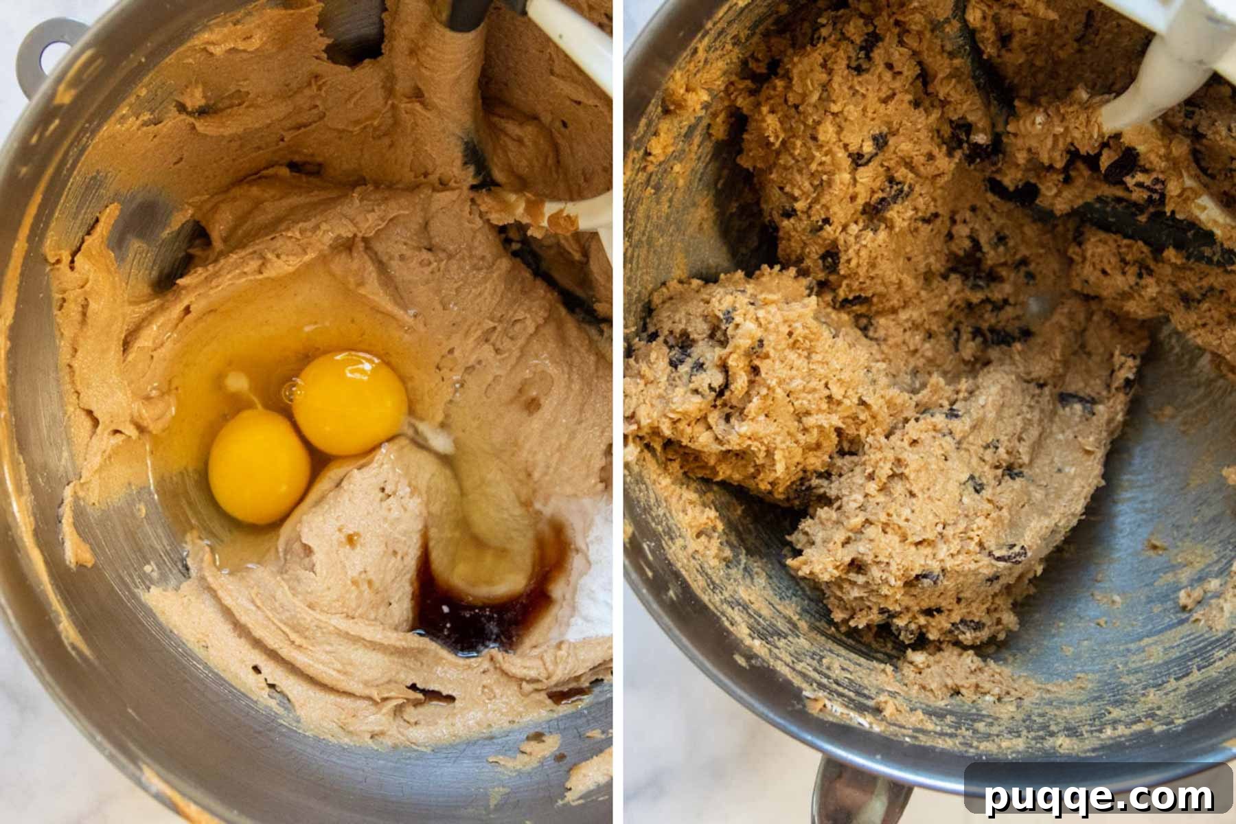 15 Minute Gluten Free Flourless Oatmeal Raisin Cookies 3 Close-up of butter, peanut butter, and sugars being creamed together in a mixing bowl with a stand mixer.